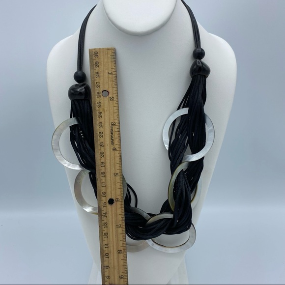 Mother of Pearl Rings Multi Black Cord Statement Necklace - Picture 5 of 10